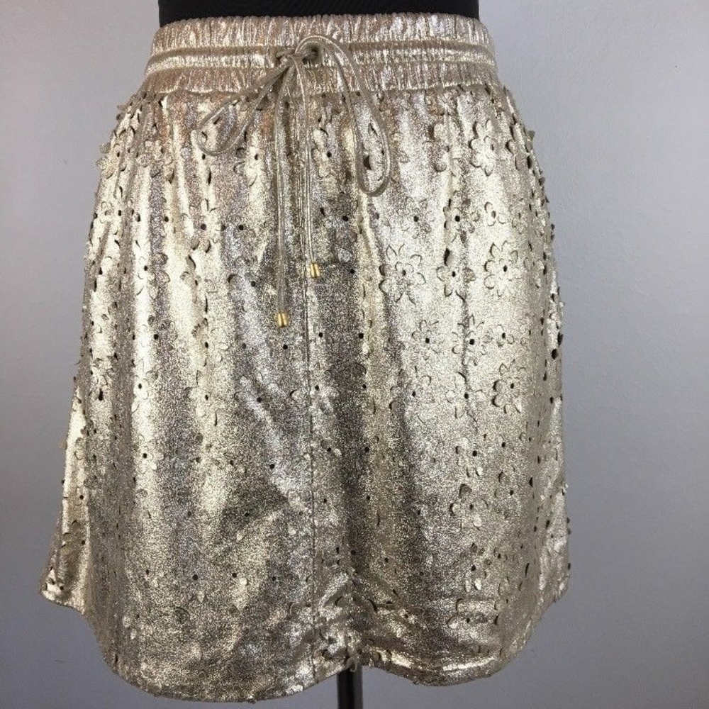 Anthropologie Leifsdottir Sliced Sliverfield Skirt 12 L Gold Leather Floral Mini